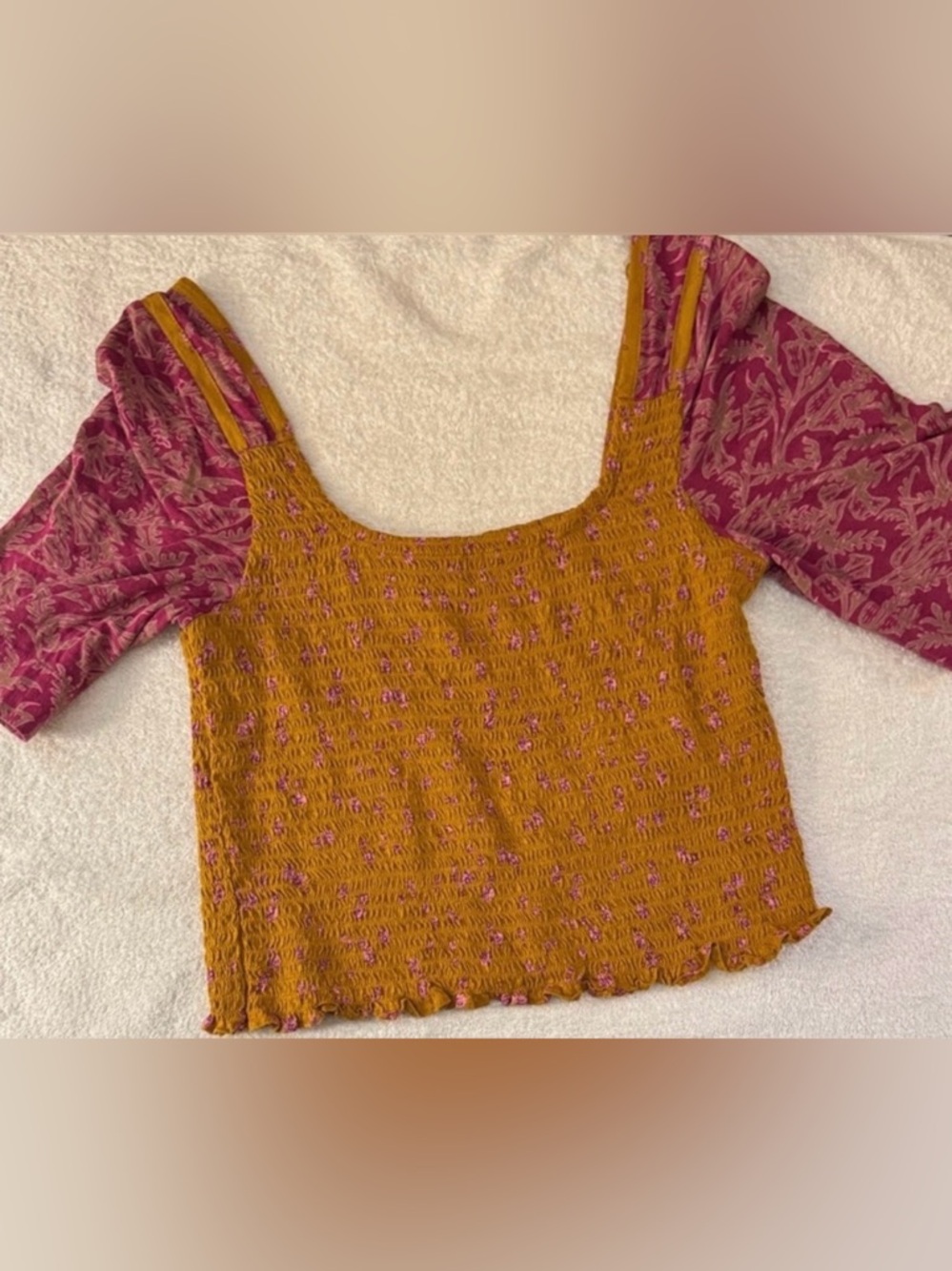 Free People Marigold Smocked Top Golden Combo Crop Boho Colorblock Square Neck